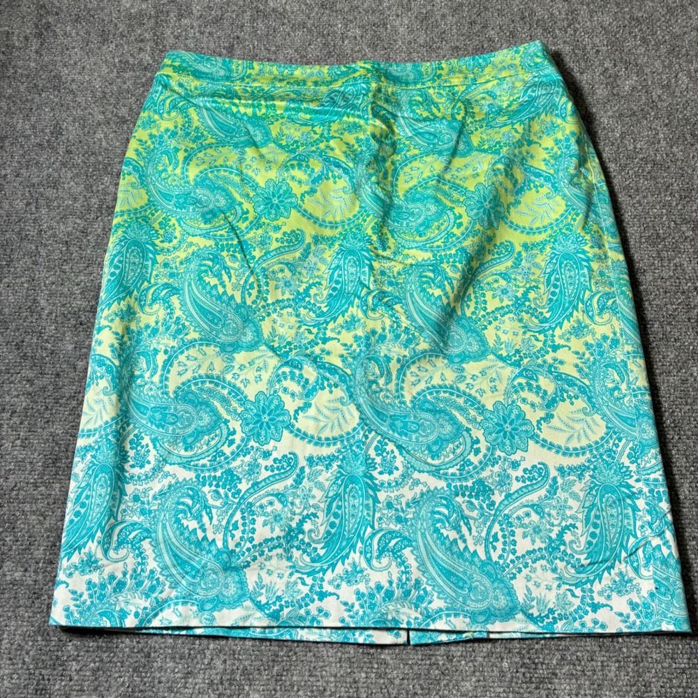Charter Club Paisley Pencil Skirt Womens 12 Lime Green Blue Stretch